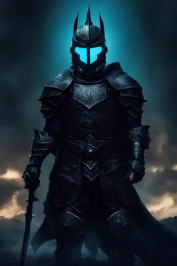 A dark knight with turquoise blue steam in his eyes, Corinthian helmet, black armor, and a blue orb under his armor barely shining through, standing darkly on a medieval battlefield.