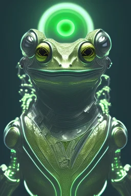 Frog Green Portrait Glowing eye Gold Armor Robotic Money Silver Smoke Dust 16k epic rare futuristic Plated
