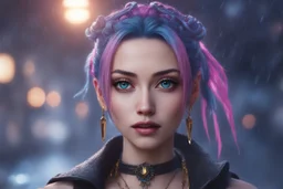 Jinx in 8k anime cgi artstyle, arcane them, crazy eyes, close picture, rain, apocalypse, intricate details, highly detailed, high details, detailed portrait, masterpiece,ultra detailed, ultra quality