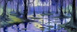 A violet swamp with yokai ghosts painted by Claude Monet