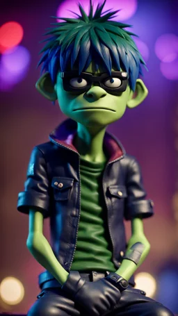 Murdoc from Gorillaz looking tough with arms folded on stage,bokeh like f/0.8, tilt-shift lens 8k, high detail, smooth render, down-light, unreal engine, prize winning