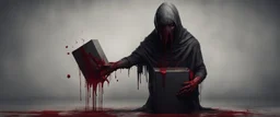 a faceless creature covered in blood holding up an empty black box