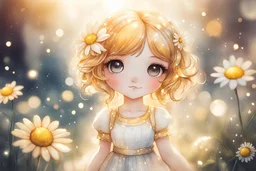 cute chibi daisy girl in sunshine, watercolor and black ink outlines, sparkling golden glitter, ethereal, cinematic postprocessing, bokeh, dof