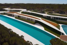 algarve in quinta do lago, one straight line building of 250 meters long pool of a modern luxury architecture with wood and gold metallic pergolas with pool on rooftop, on a slope with pinus pinea, a road wrap around for low speed veicular road