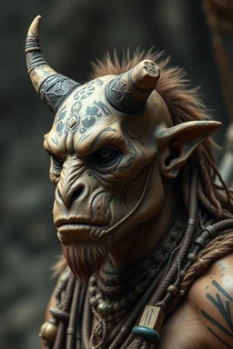 beast Primitive, rugged features, with ritualistic tattoos, markings, or natural adornments like bone or wood. They could have versions of animal-like traits or clothing made from intergalactic resources.