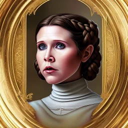 round framed complete and fully detailed head to waist portrait of young carrie fisher as Princess Leia with detailed hairstyle by Mandy Jurgens and mucha and Richard Schmid and chuck close and chie yoshii, beautiful detailed opulent dress,