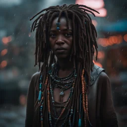 a woman, inspired by Elsa Bleda, afrofuturism, pretty girl standing in the rain, short dreadlocks with beads, russian shaman, beeple and mike winkelmann, demobaza, connection rituals, style of the fifth element, alexander abdulov, dressed as an oracle, taken in 2 0 2 0, hippie fashion, shot with Sony Alpha a9 Il and Sony FE 200-600mm f/5.6-6.3 G OSS lens, natural light, hyper realistic photograph, ultra detailed -ar 3:2 -q 2 -s 750