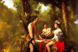 man and woman in colorful jungle by Caravaggio