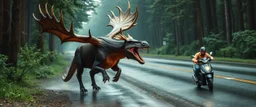moose dragon rex with powerful wings in forest by the wet shiny road taking a bite of a man on a scooter