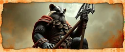 3d airbrush render, full body of orc badger warrior priest , pinhole cam, airbrush 3d rendering, in the style of Titian and Dali , torn edges on border