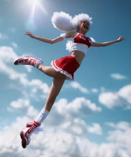 Ultra realistic speed clouds sky scene, wide angle view, cheerleader teenager falling down with many Children background, inflatable monsters, circus dress style, feather color, free jumping flying, many trinkets, hair monster, many jelly beans, balls, color smoke, smile, happy, extreme, wind, clouds sea, 20,000 feet altitude, stratosphere, soft color, highly detailed, unreal engine 5, ray tracing, RTX, lumen lighting, ultra detail, volumetric lighting, 3d, finely drawn, high definition.