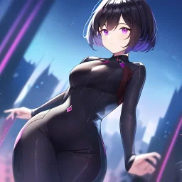 Clear focus,High resolution,High quality, Black short hair, Purple eyes, Wearing a techy outfit