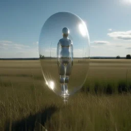 A photo of a transparent balloon with the shape of a woman's body, in the middle of a prarie.