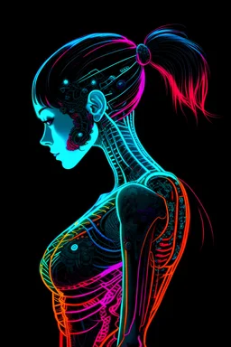 a woman with a skeleton on her back, perfect anime cyborg woman, female cyberpunk anime girl, anime cyberpunk, cyberpunk anime girl, anime cyberpunk art, glowing neon skin, cyberpunk anime art, anime cyborg, beutiful girl cyborg, female cyborg black silhouette, holy cyborg necromancer girl, beautiful alluring female cyborg, cyberpunk anime girl mech