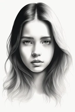 A realistic drawing in negative space black ink on white background of a beautiful front view of a young girl with clear white face, all picture is bright white. With long hair