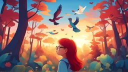 Little girl with red hair and glasses looks at a big and beautiful bird in a beautiful multicolored forest, blue sky and beautiful sunset, cartoon, style