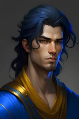 Man with broad shoulders, medium-long dark blue (almost black) hair, disheveled, eyes bronze-yellow , his skin is royal blue and silvery tabby, his ears are very long and a little wavy too,