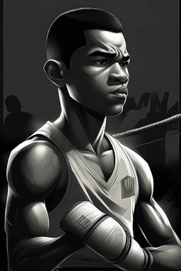 Here's the book cover design reflecting the journey of a young, ex-boxer fighting immigrant with a heavy past and long path of challenges. The design captures his hopeful spirit amidst adversity, portrayed in a modern setting with a black and white color scheme that adds depth and emotion to his character.