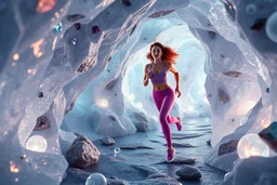 make a video pretty crystal cave covered with jewells and CIFI jewell lights and 3d recursive cubic and sphere base pearls and jwells a beautiful fashion model lady with cute,curvy hair,makeup, in pretty sports suit is running inside cave ,dynamic camera fallow her inside cave capturing full body, dynamic lights.