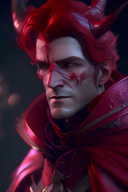 dnd character art of a red tiefling male wizard. high resolution cgi, 4k, short flush curved horns, tiny rounded ears, unreal engine 6, high detail, cinematic.