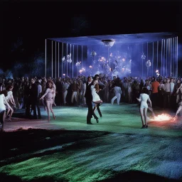 [colour high res photo: Night of the Living Dead (1968) by Romero] n the pulsating heart of the underworld, where the line between the living and the dead blurred, there existed a disco dancing floor like no other. The stage was set for a performance that defied the boundaries of time and space, a spectacle that drew the attention of both the departed and the living. As the ethereal lights flickered to life, casting a kaleidoscope of colors across the dance floor, a figure emerged from the shad