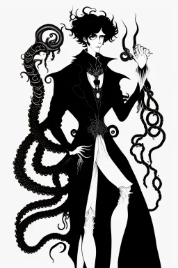 black haired young man necromancer wizard with gothic jewelry and tentacle fingers in the style of Aubrey Beardsley