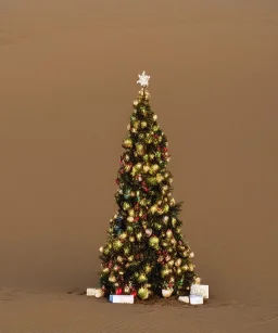 sandy festive Christmas tree in a vast desert with dunes