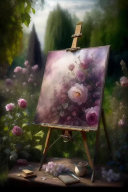 in the rose garden, an artist's workshop, an easel, a canvas with a rose pattern, bushes of vintage garden roses with buds , complex burgundy, purple roses, a work of art, hyperdetalization, professionally, filigree, misty haze, surrealism, transparent, delicate pastel tones, contour lighting, grunge style, volumetric watercolor, aesthetically beautiful, realistic, high resolution, high detail, ISO 100 photosensitivity and f/2.8. 1/250 aperture with a 30, 32KB lens