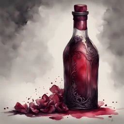 Watercolor, a burgundy bottle with black lace and rubies, Trending on Artstation, {creative commons}, fanart, AIart, {Woolitize}, by Charlie Bowater, illustration, color correction, cinematic, Nikon D750, Brenizer method, side view, perspective, depth Field Field, Field of View, F/2.8, Lens Flare, Tonal, 8K, Full HD, ProPhoto RGB, Perfectionism, Edge Lighting, Natural Light, Soft Light, Accent Light