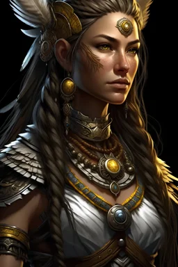 female kalashtar from dungeons and dragons, barbarian class from dungeons and dragons, long and dark hair bound in intricate braids adorned with small feathers and beads, bronzed skin, amber eyes flecked with silver, armor adorned with trophies and tokens such as furs, bones, feathers, and intricate tattoos, realistic, digital art, high resolution, strong lighting