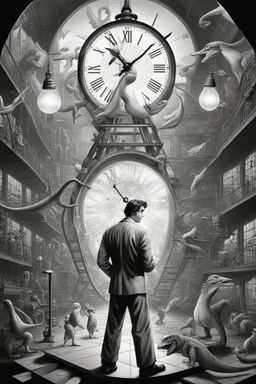 news muscle gambler scientist journalist harlequin playing geese dinosaur reptiles in very bright light bulb factory on the docks with twisted ladders with the most a confused look on his face in front of a huge glass prism clock with angels, in the style of Escher