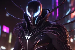 Machine symbiote in 8k solo leveling shadow drawing, jhin model, Halloween theme, neon lights, intricate details, highly detailed, high details, detailed portrait, masterpiece,ultra detailed, ultra quality