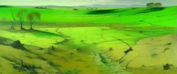 A lime green arid wasteland with cracked grounds painted by Edgar Degas