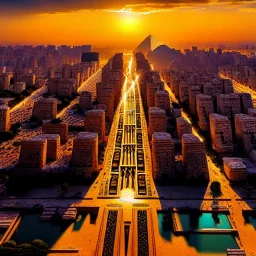 Egyptian city, digital art, breathtaking, golden ratio, extremely detailed, hyper-detailed, establishing shot, hyperrealistic, cinematic lighting,