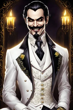 The king of all vampires and monsters, beautiful adult male with a immaculately styled moustache, he has small fanged teeth he is wearing all white formal suit with vest, clothing is intricately detailed,his hands and neck are sleek and tattooed,his face is beautiful,fingernails are painted black,he has glowing yellow eyes,he is smiling snidely, sitting in a garden patio drinking red tea,night and full moon in background,8k quality, highly detailed, immaculate design,in the style of Anne Stokes