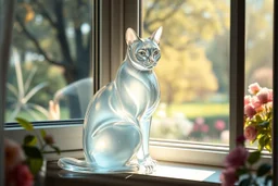 create a surreal 16:9 image of a translucent glass-like cat sitting on a windowsill. The cat has the form of a delicate crystal sculpture, and its surface refracts the light from the outside world. Through the window is a dreamy impressionist garden scene in the style of Renoir: soft trees, flowers, warm light. The cat’s transparent body glows with broken colors and painterly reflections from the landscape. Light and form melt into each other, highly poetic, ethereal and elegant --v 7 --style ra