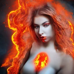 woman made of lava, full face, fire angel, hair on fire, hair made of flames, flames covering breasts, flames all around, only wearing bikini made of flames, extremely detailed, photo style, style of photo, lava background, smokey sky