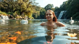 very beautifu lady is Breaststroke swimming in a beautiful river in country side with water falls and big tree,wild flowers and, swans pertty coloful fishes in river ,a pretty وbutterflies around flowers,heaven escape,