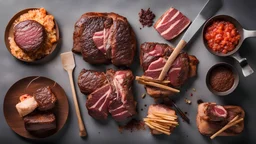 Top view set of steaks consisting of t bone sirloin ribeye tomahawk with skewers and burger patties composed with spatula spices and salt