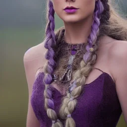 viking queen with purple armor, delicate purple braided hair, white flowing dress, highly detailed, 8k, ambient light, taylor swift