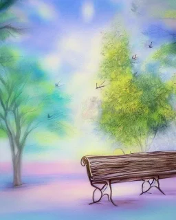 park fantastic dream, park bench, trees, birds, sunshine, mystical, pastel colors, acrylic painting, detailed, soft focus,