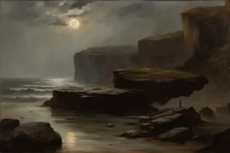 grey sky with planet in the horizon, epic, sci-fi, cliffs, rocky land, puddle, epic, friedrich eckenfelder and alfred stevens impressionism pa