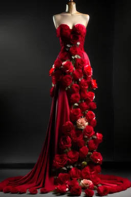 A dress inspired red roses , on the mannequin, full length