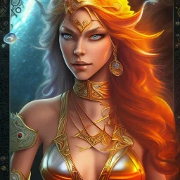 movie poster, A beautiful elf with cutter, pool and letah from elfquest(by Wendy and Richard Pin) with very long hair, orange robe, bare shoulders