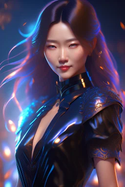 Happy young woman, crow hair, highlights, deep blue eyes, black blouse, light blush portrait, 8k resolution concept art portrait by Young-Sung Kim, Artgerm, WLOP, Alphonse Mucha dynamic lighting hyperdetailed intricately detailed Splash art trending on Artstation triadic colors Unreal Engine 5 volumetric lighting"