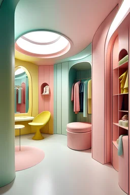 Design the interior of the Fashion Boutique's dressing room in a surprising and whimsical way using curved lines