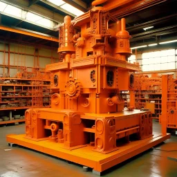 An orange colored mechanical factory with magnets designed in Kuna Molas painted by Andy Warhol