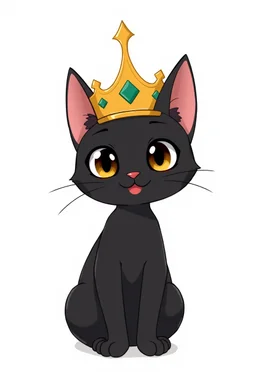 thin black cat on white background, sitting proud smile, wearing a tall golden crown, large eyes, anime