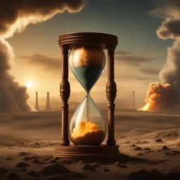 Generate an image depicting an hourglass positioned prominently in the foreground, set against a backdrop featuring a nuclear explosion. The scene should convey the transition to a new geological era initiated by the explosion.