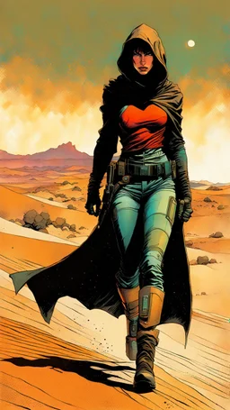 create a fine art print full body illustration of a rugged gritty, roughly textured, hooded, Fremen female mercenary with highly detailed feminine facial features, amidst the swirling desert sands of Arrakis, in the comic book art style of Bill Sienkiewicz, and Jean Giraud Moebius, finely textured, drawn, colored, and inked,